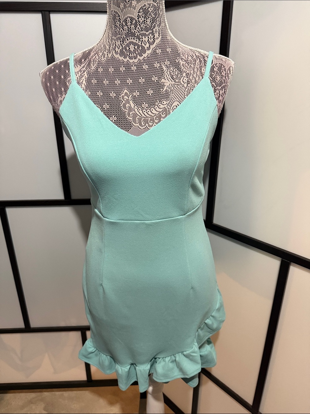 V-Neck Spaghetti-Strap Mint Mini Dress with Ruffle Hem